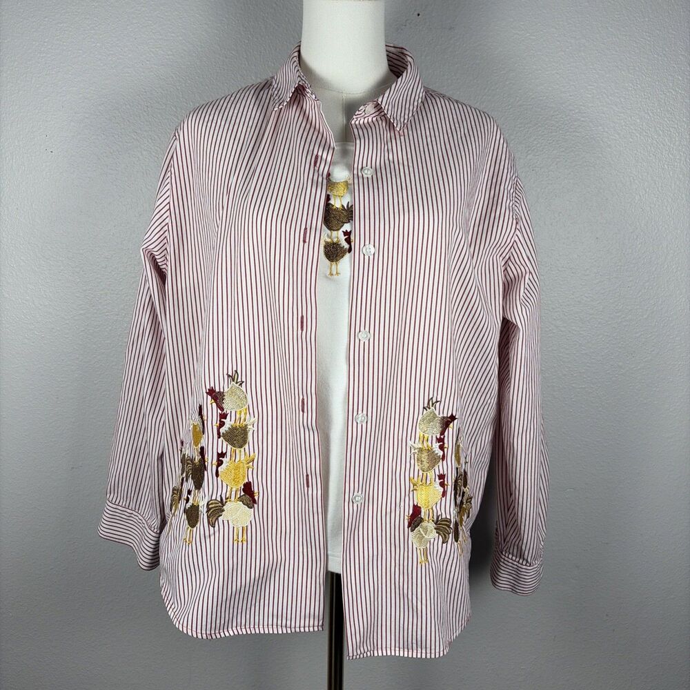Bechamel Petites Embroidered Chicken SHRIT SET Womens PL Stripe Farm Country